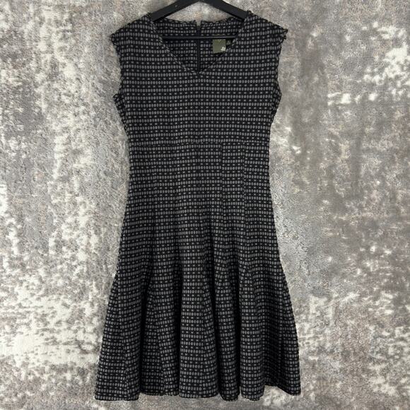 Taylor Sz S Geometric Knee Length Fit Flared Dress Black Gray Sleeveless V Neck - Picture 1 of 9